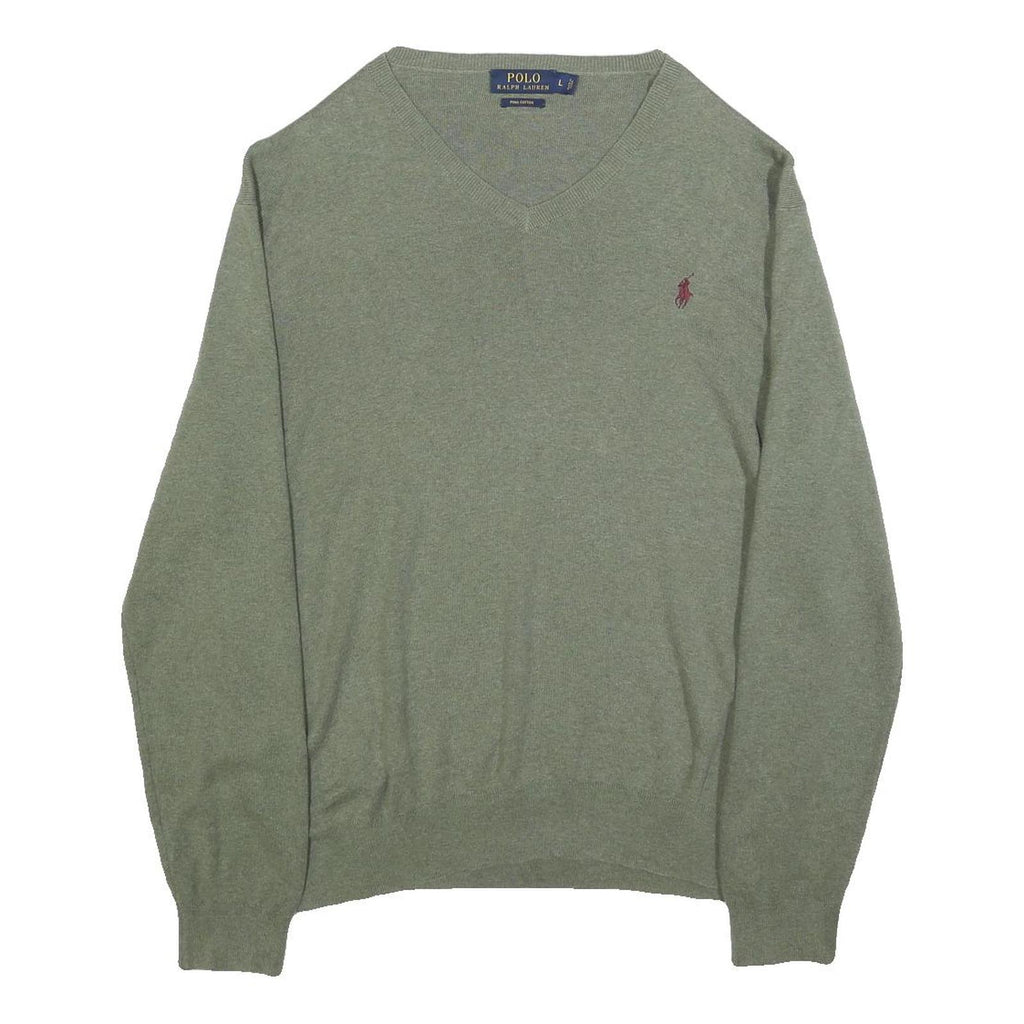 POLO RALPH LAUREN Mens Green Jumper Plain V-Neck Basic Knit L Cotton Classic
