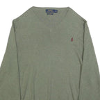 POLO RALPH LAUREN Mens Green Jumper Plain V-Neck Basic Knit L Cotton Classic