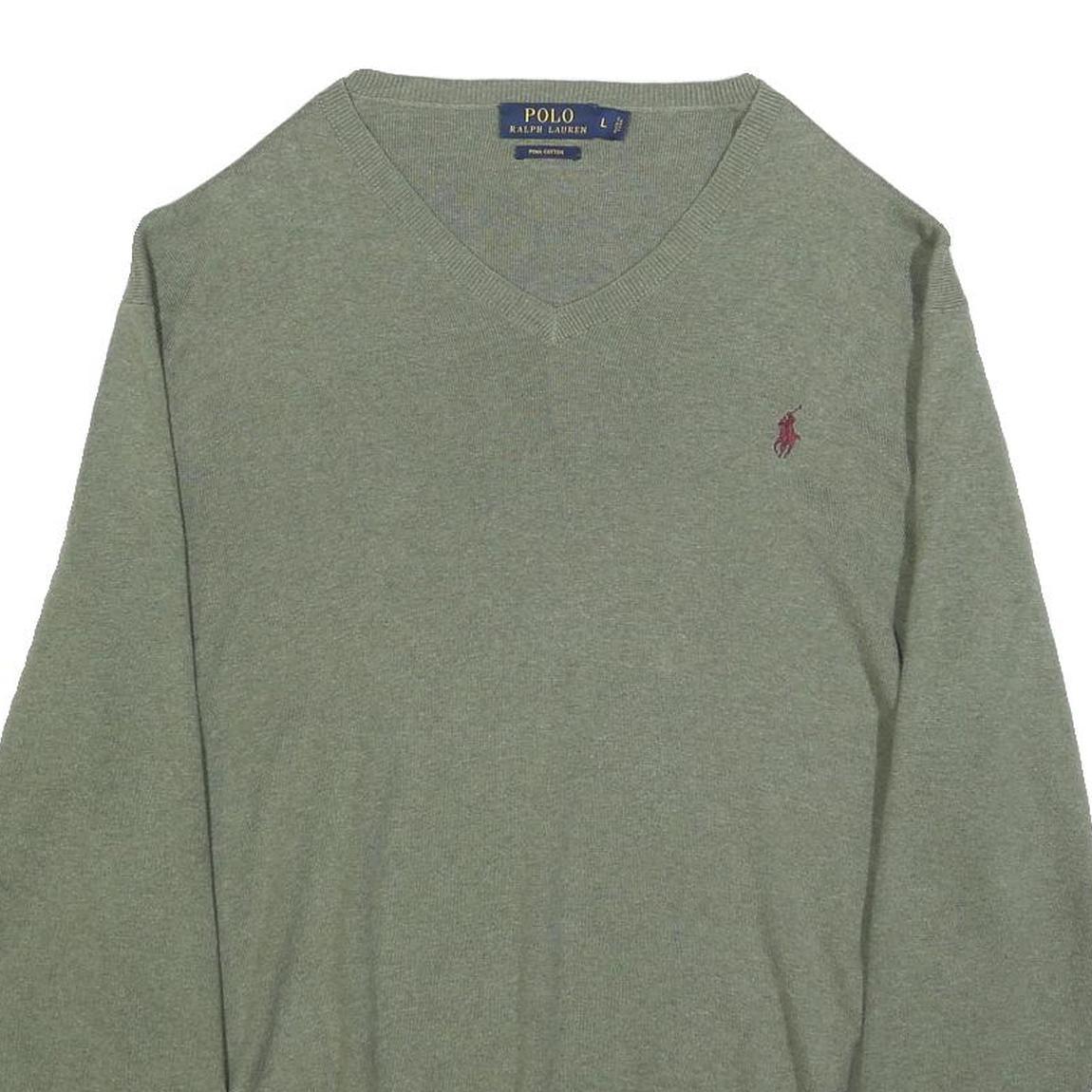 POLO RALPH LAUREN Mens Green Jumper Plain V-Neck Basic Knit L Cotton Classic
