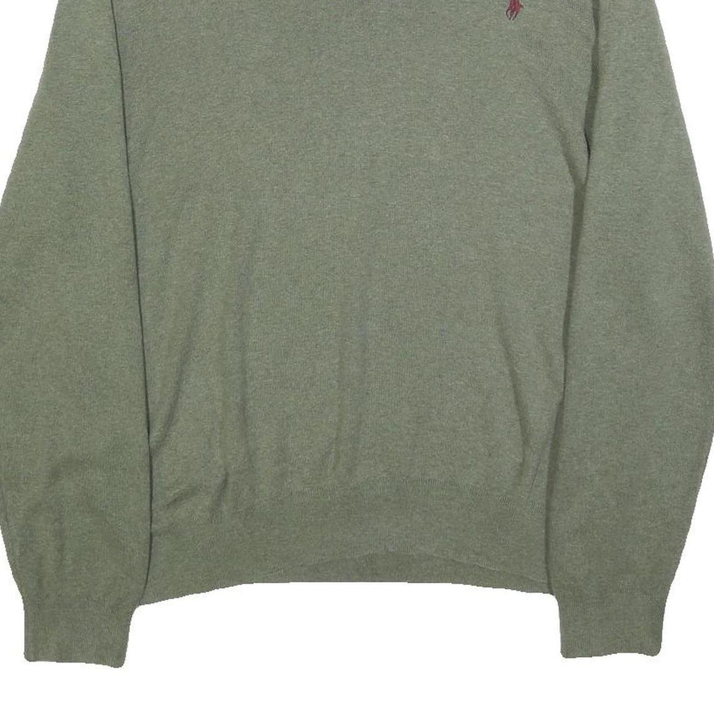 POLO RALPH LAUREN Mens Green Jumper Plain V-Neck Basic Knit L Cotton Classic