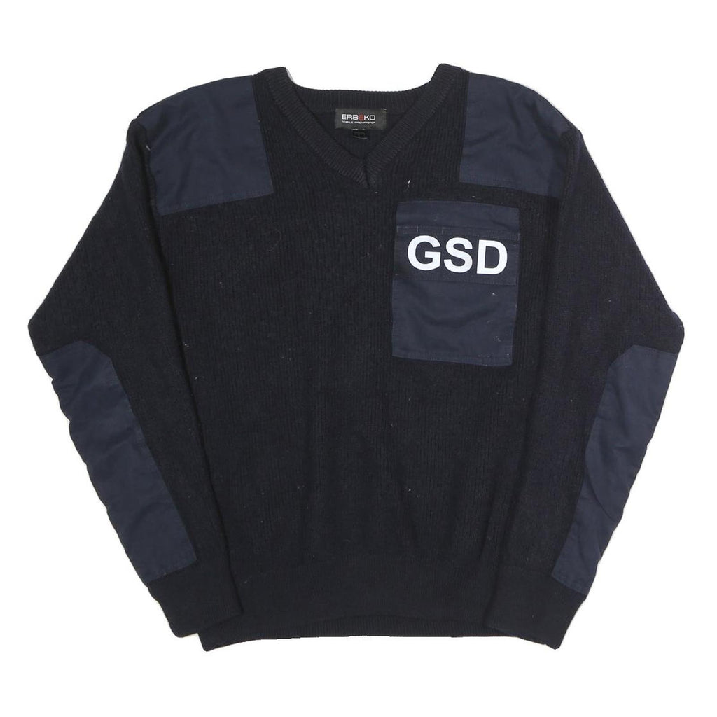 ERBEKO Mens Black Plain V-Neck Basic Knit L Cotton Jumper GSD Patch Shoulder