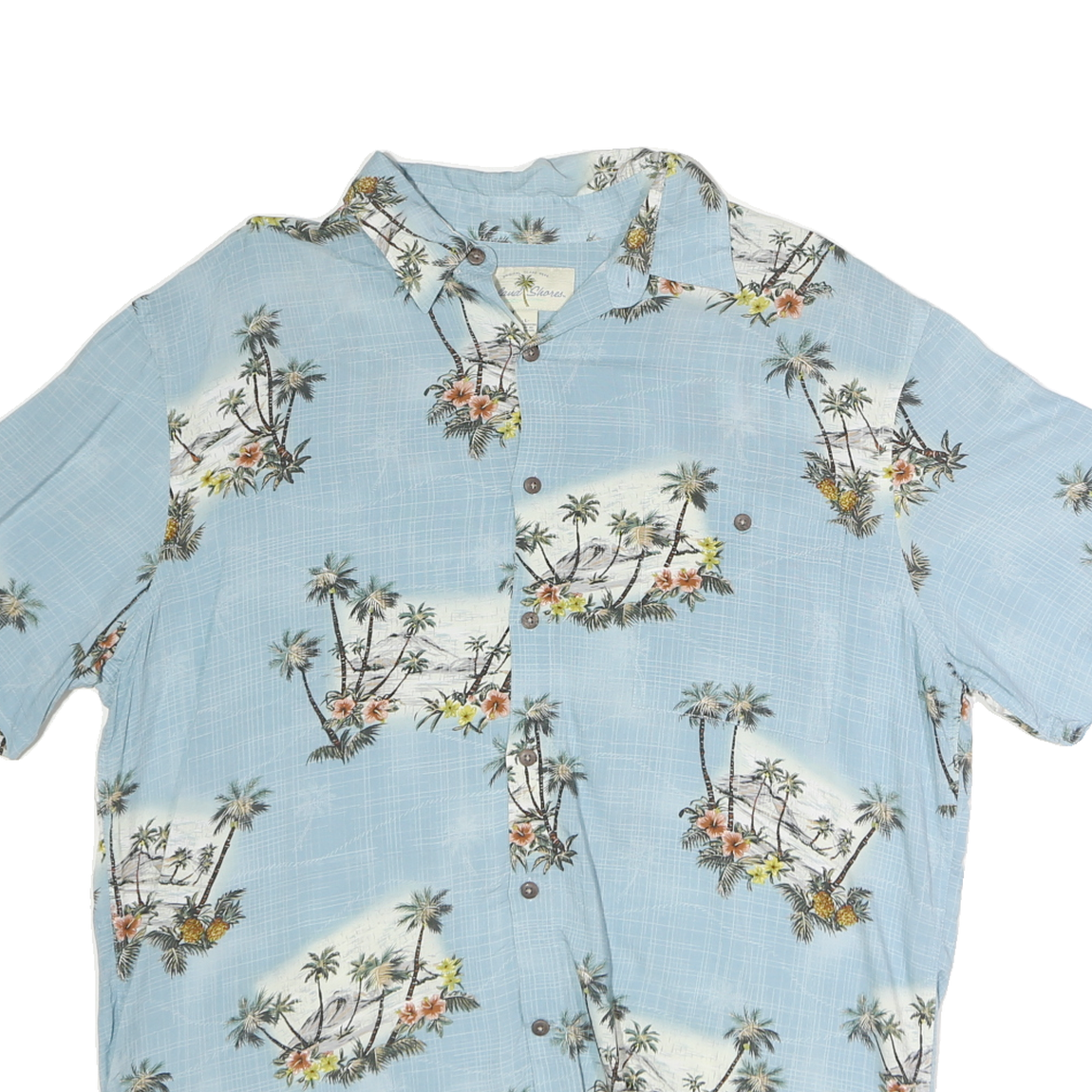 ISLAND SHORES Mens Blue Hawaiian Shirt L Cotton Tropical Palm Trees Casual