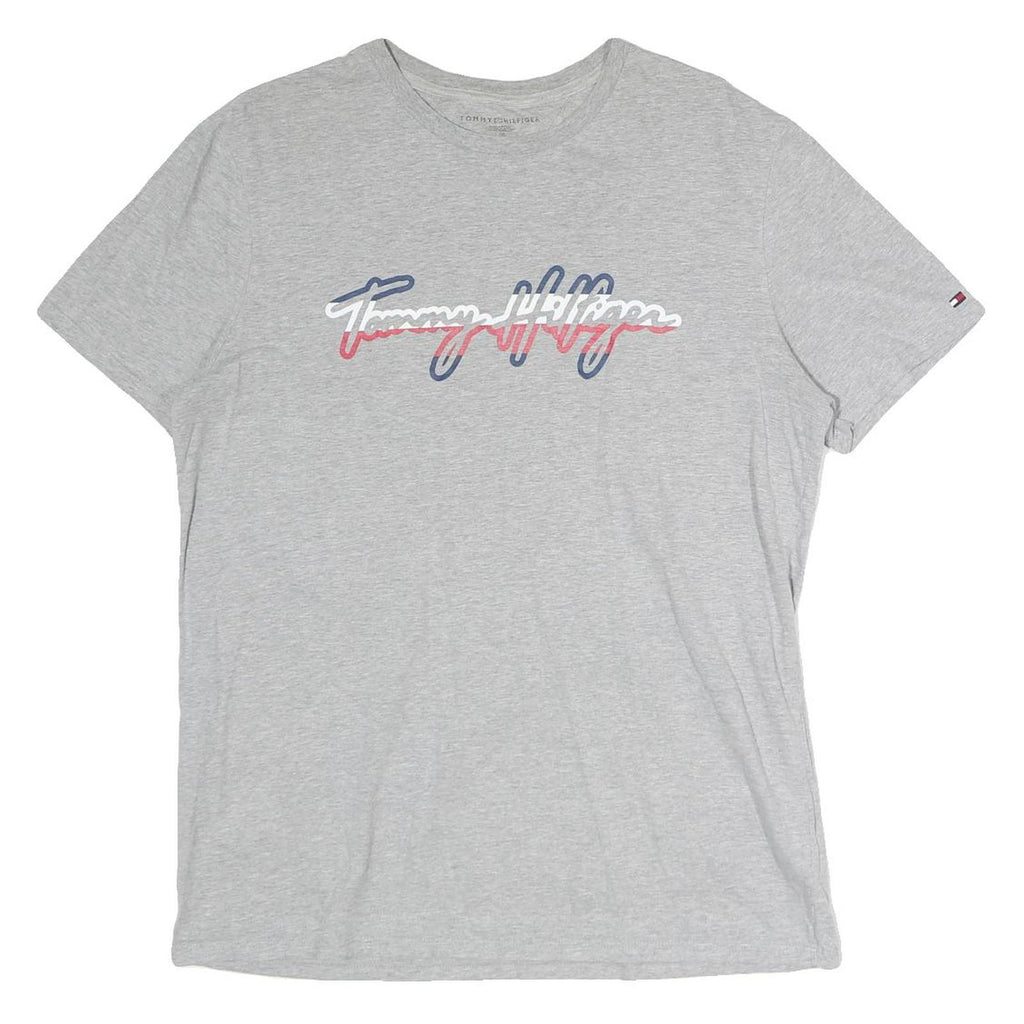 TOMMY HILFIGER Mens Grey Cotton T-Shirt L Short Sleeve Crew Neck Signature Logo