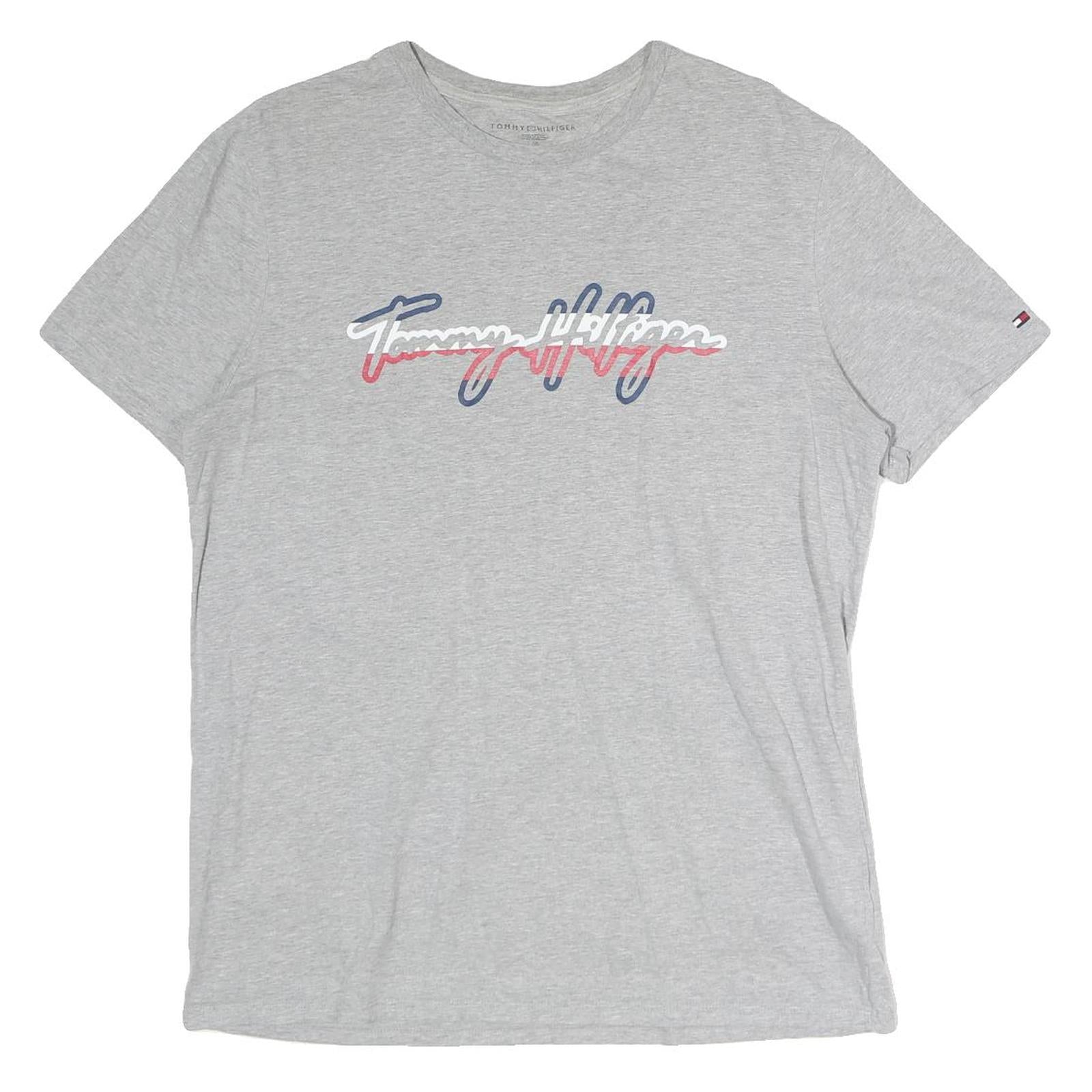 TOMMY HILFIGER Mens Grey Cotton T-Shirt L Short Sleeve Crew Neck Signature Logo