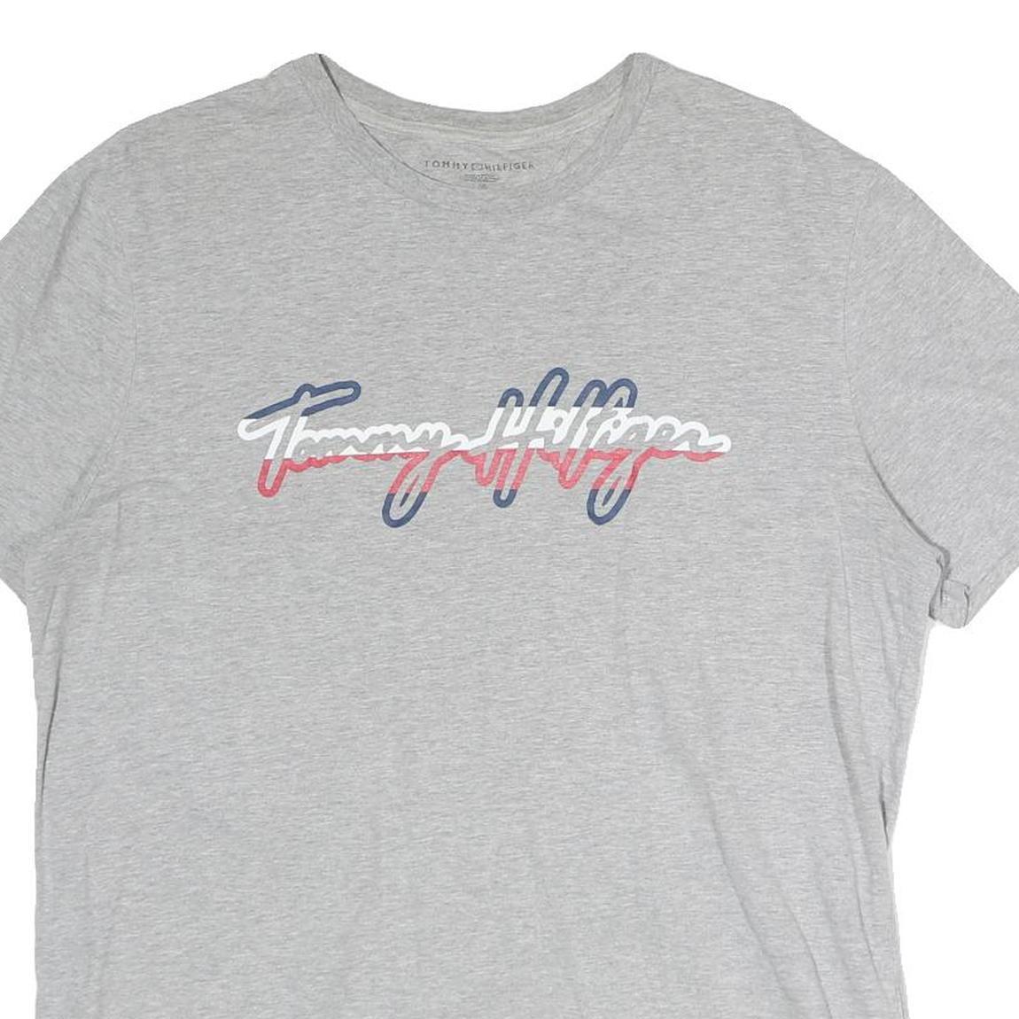 TOMMY HILFIGER Mens Grey Cotton T-Shirt L Short Sleeve Crew Neck Signature Logo