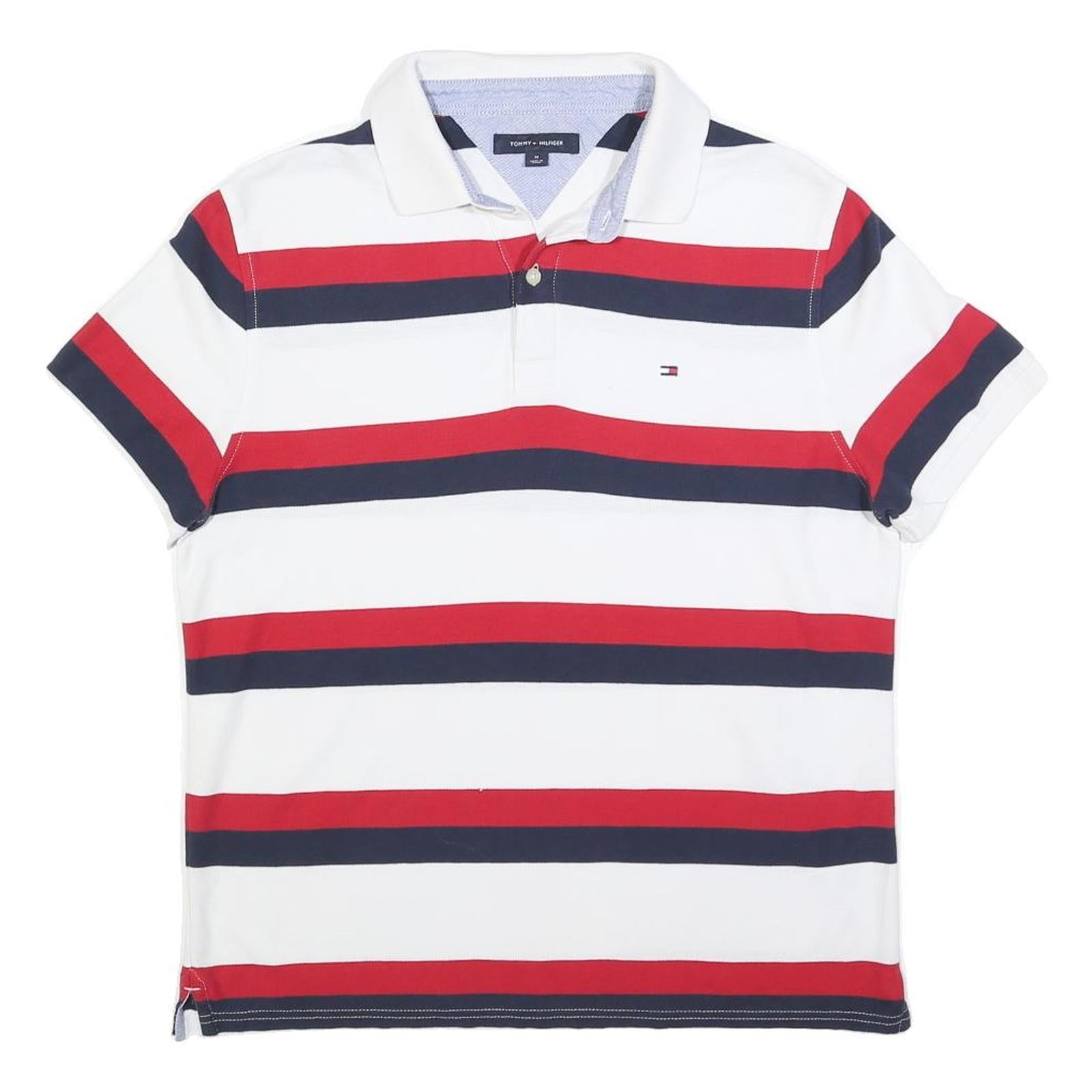 TOMMY HILFIGER Mens White Red & Blue Striped Short Sleeve Polo Shirt M Classic