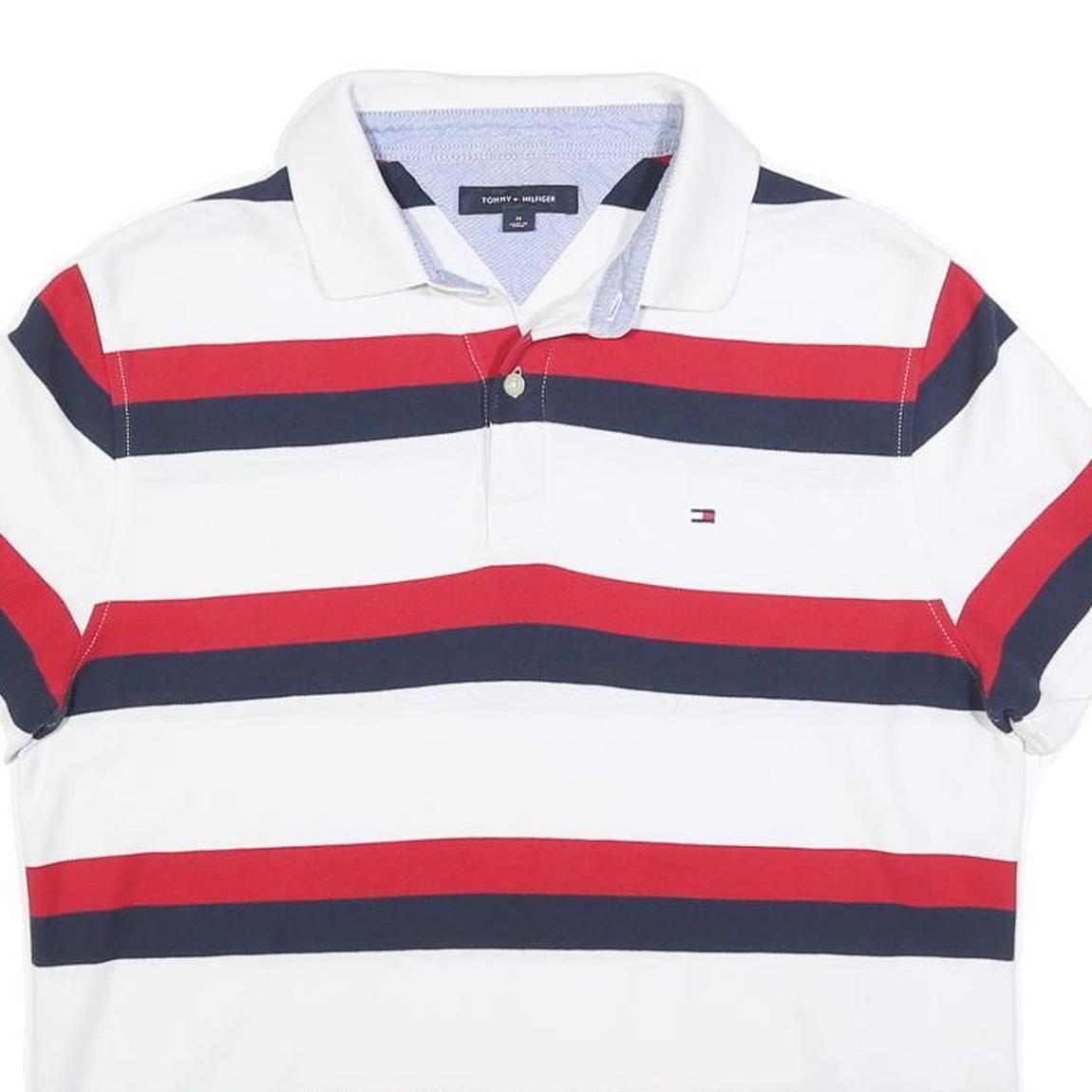 TOMMY HILFIGER Mens White Red & Blue Striped Short Sleeve Polo Shirt M Classic