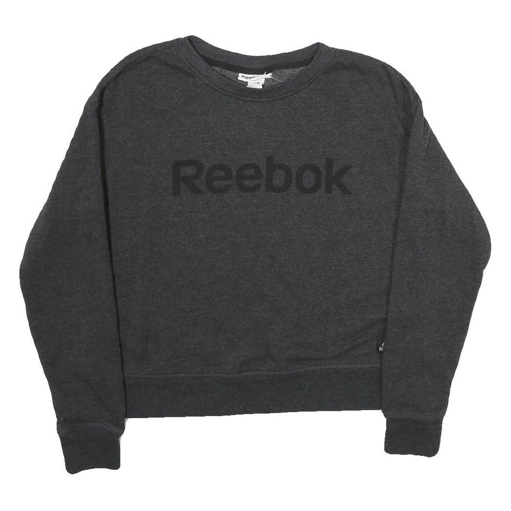REEBOK Womens Black Cotton Sweatshirt Crew Neck S Logo Print Lightweight