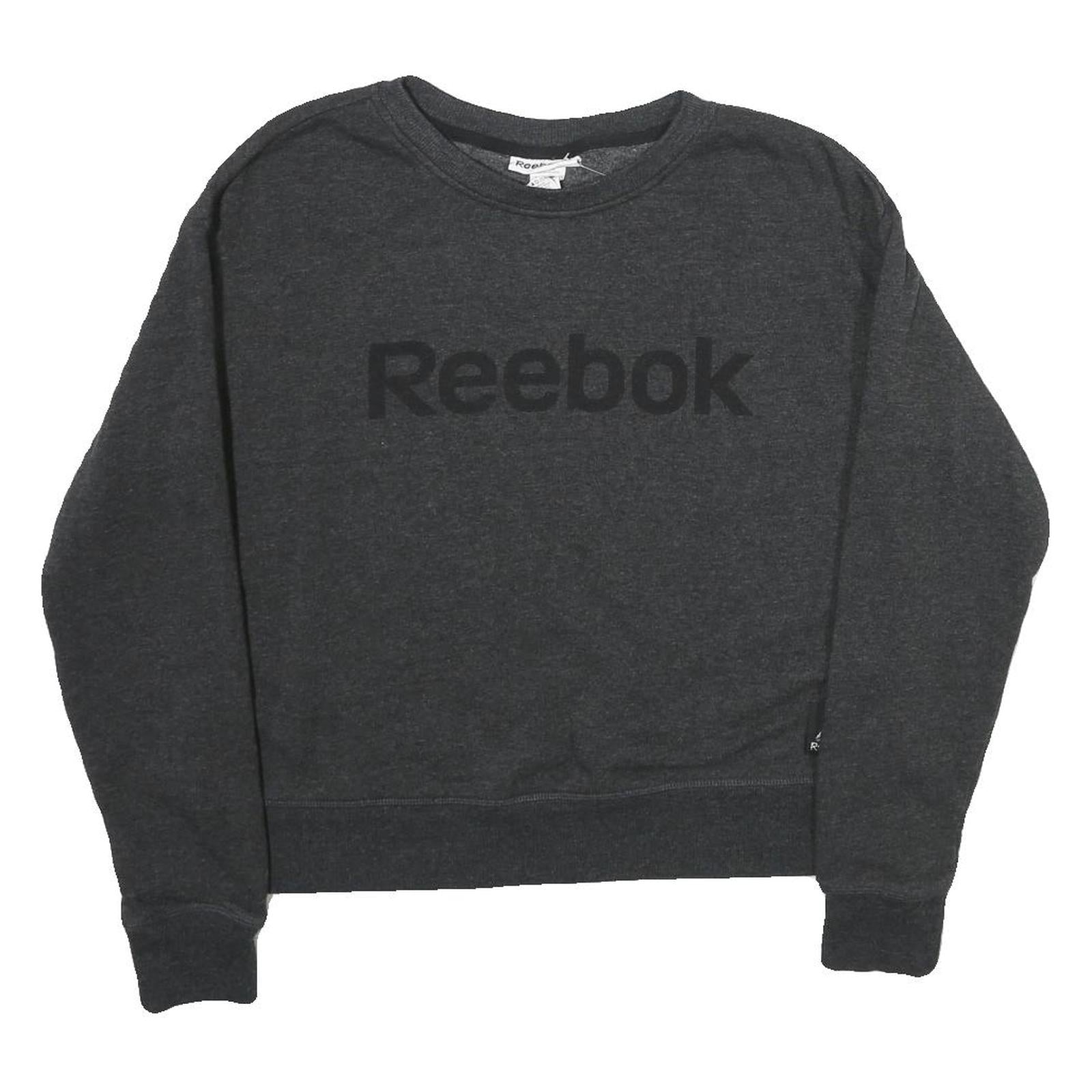 REEBOK Womens Black Cotton Sweatshirt Crew Neck S Logo Print Lightweight
