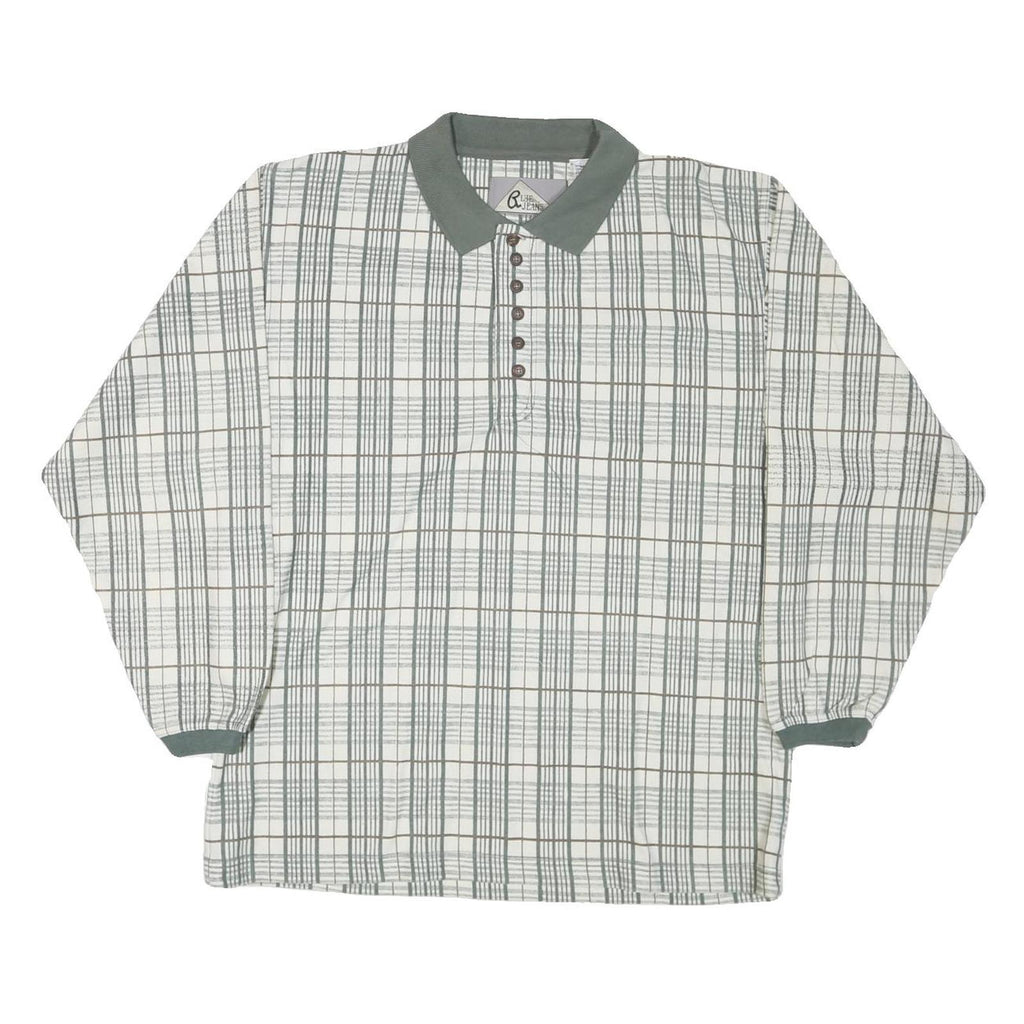 BLUE JEANS Mens White Green Checked Long Sleeve Polo Shirt M Cotton Blend