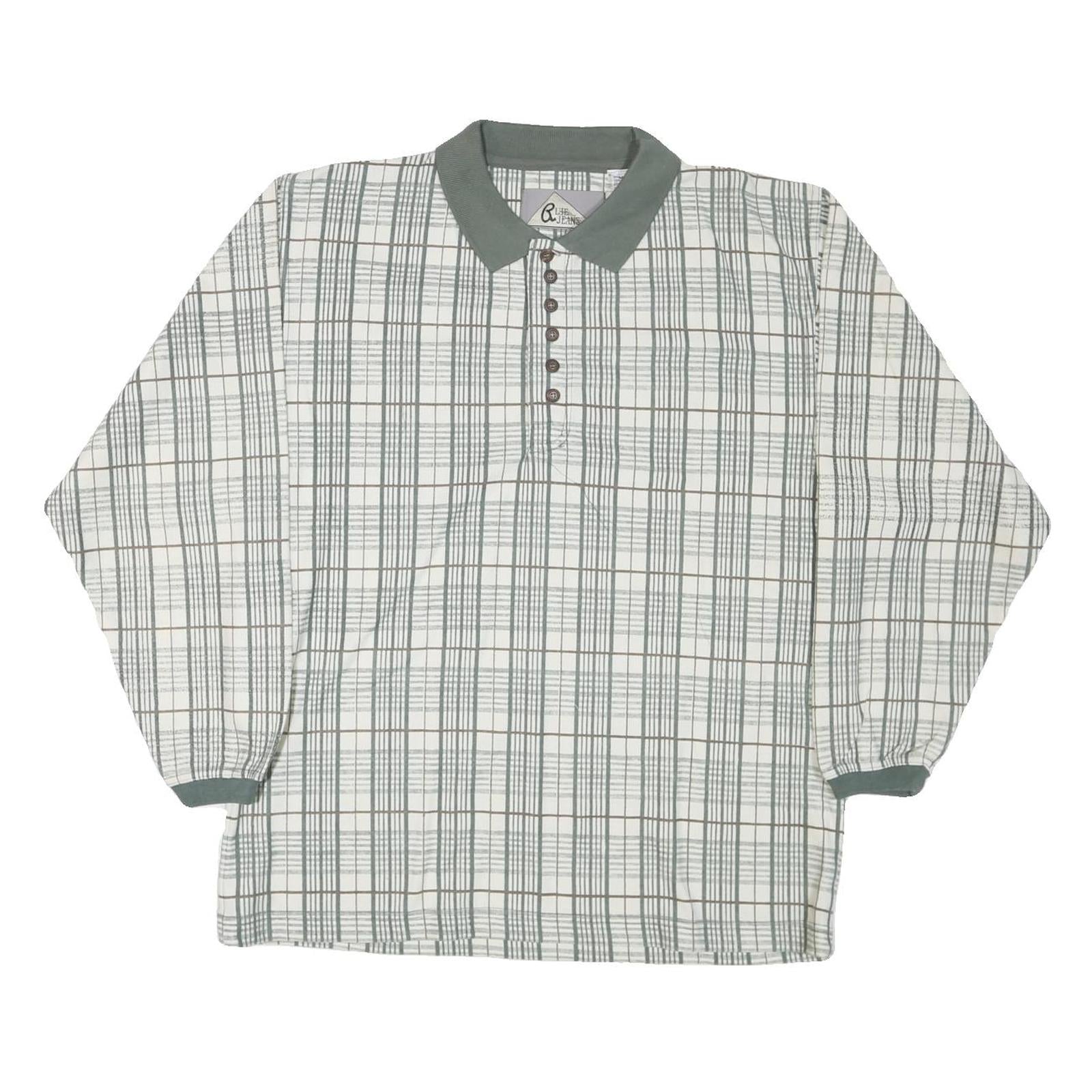BLUE JEANS Mens White Green Checked Long Sleeve Polo Shirt M Cotton Blend