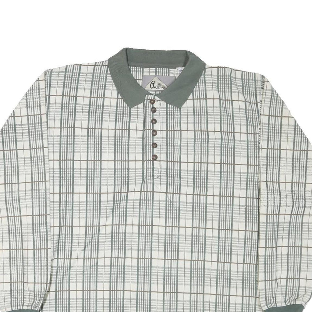 BLUE JEANS Mens White Green Checked Long Sleeve Polo Shirt M Cotton Blend