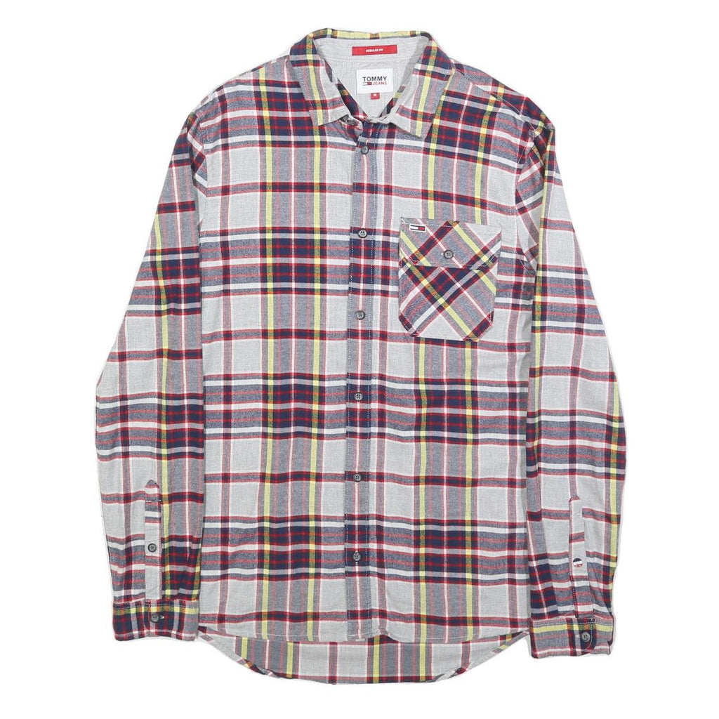 TOMMY JEANS Mens White & Navy Check Shirt M Cotton Long Sleeve Button Pocket