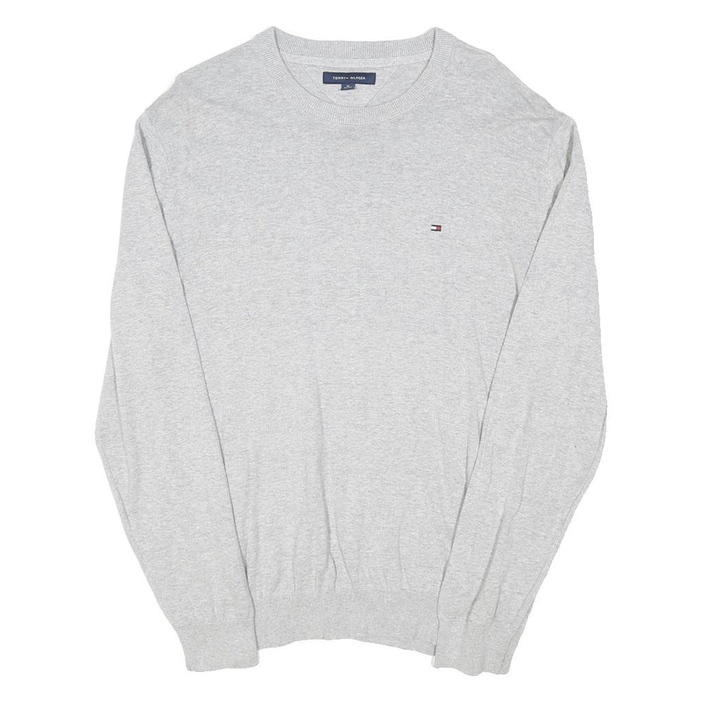 TOMMY HILFIGER Mens Grey Plain Crew Neck Basic Knit Jumper XL Casual Cotton