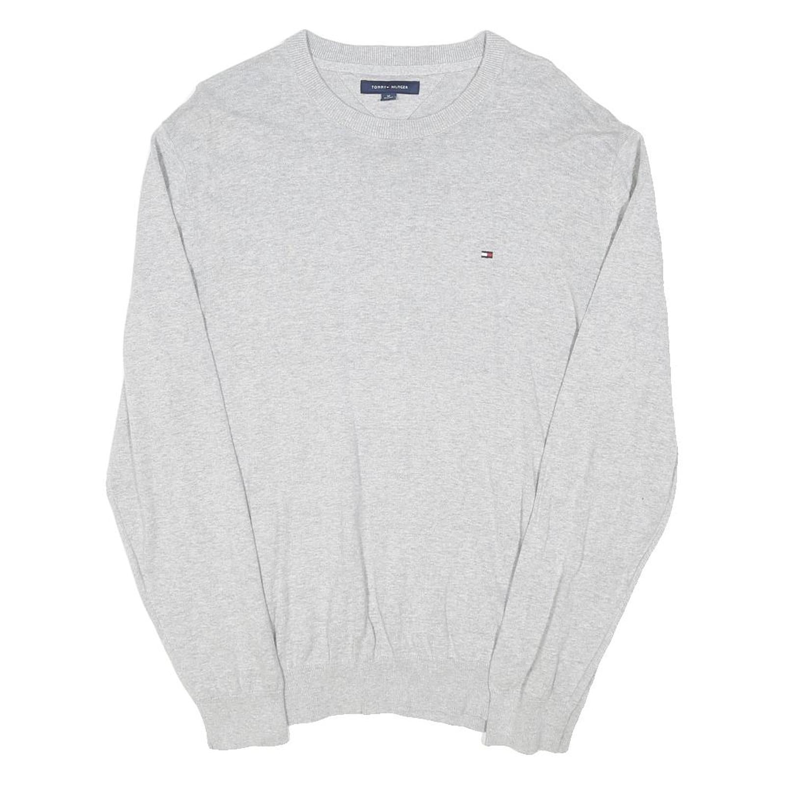 TOMMY HILFIGER Mens Grey Plain Crew Neck Basic Knit Jumper XL Casual Cotton