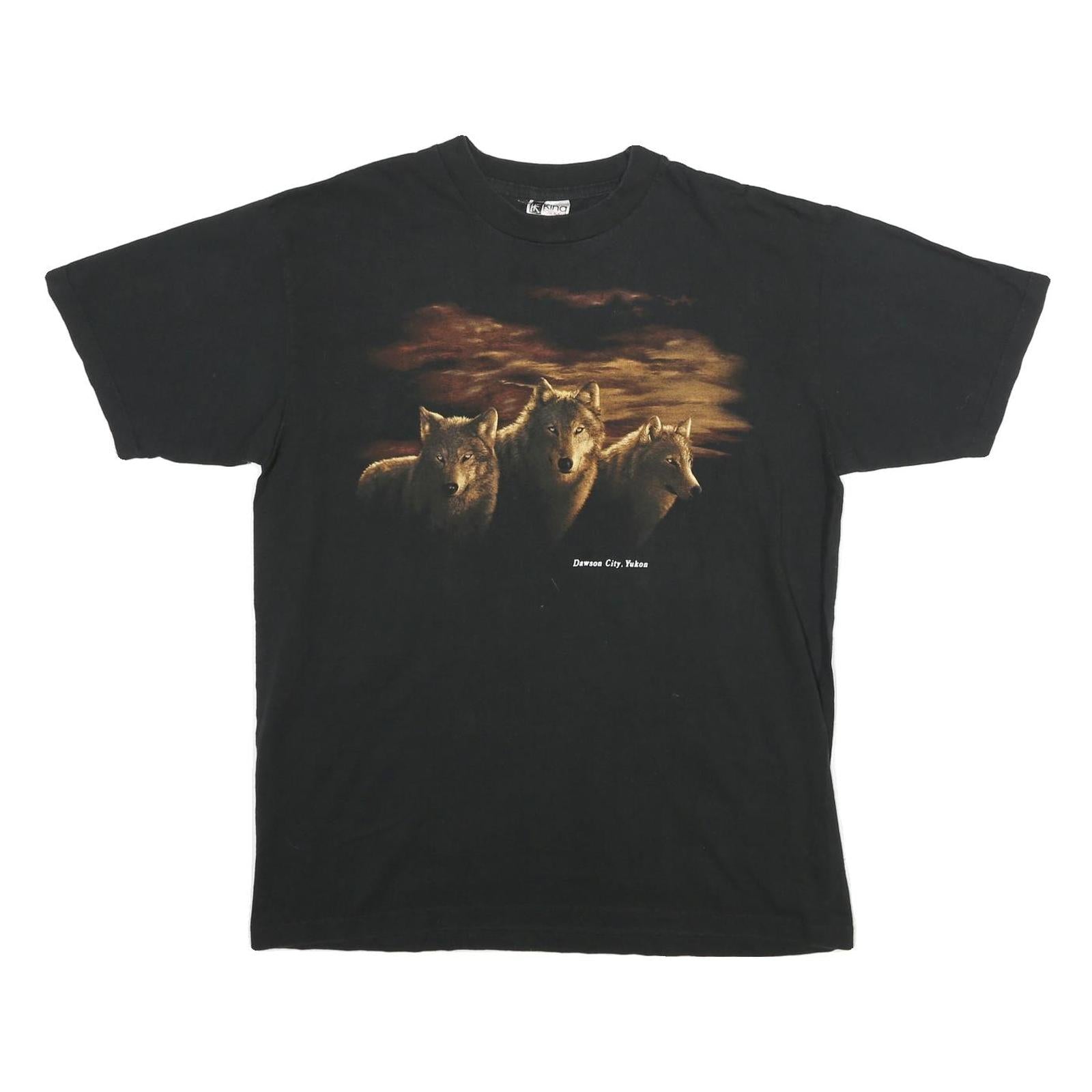 KING FASHION Mens Black Wolves Graphic T-Shirt L Short Sleeve Crew Neck