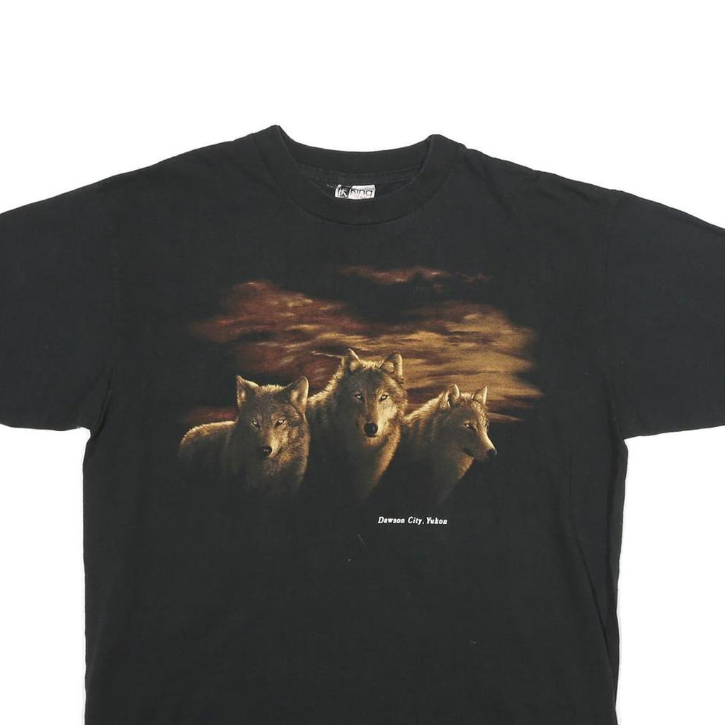 KING FASHION Mens Black Wolves Graphic T-Shirt L Short Sleeve Crew Neck