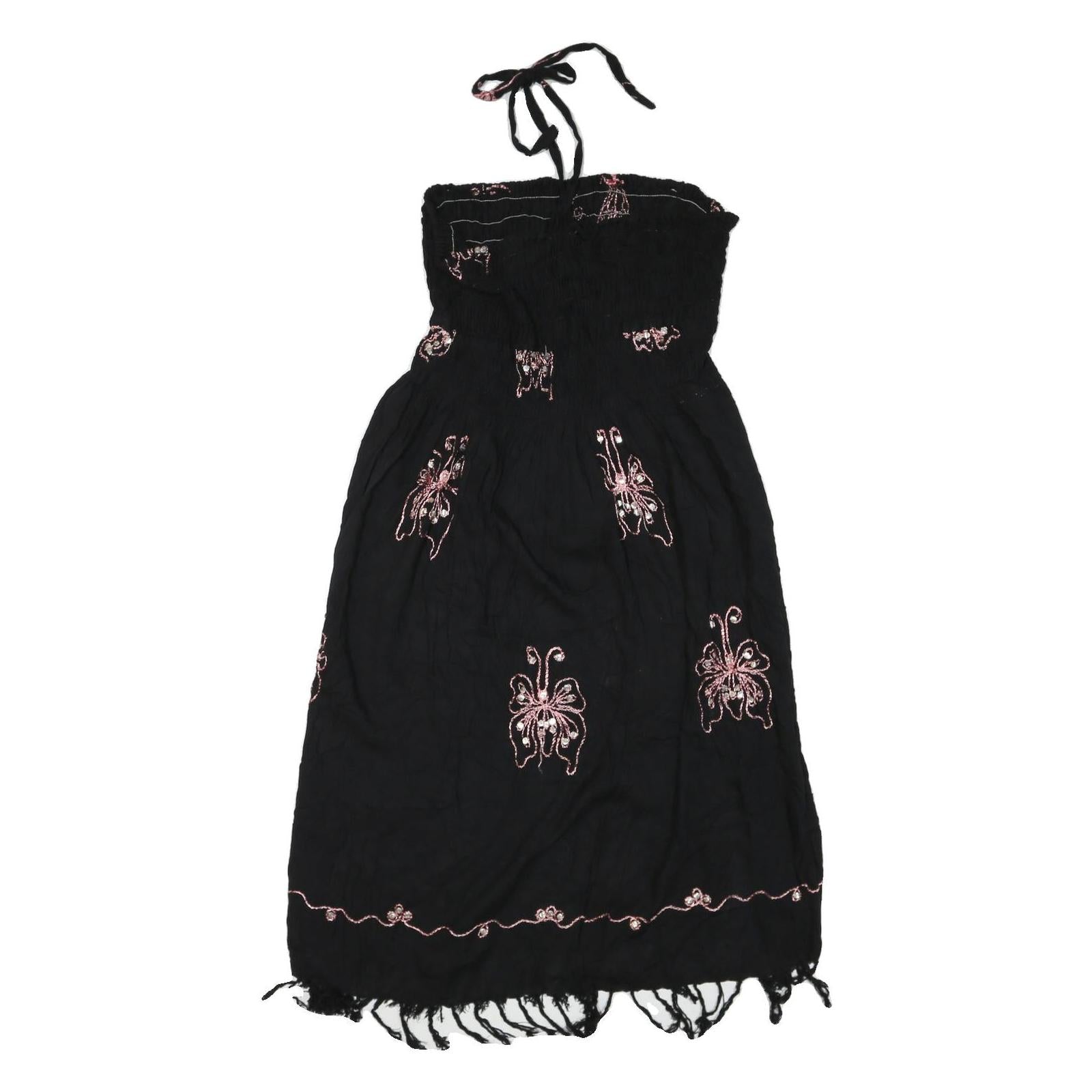 Womens Black Cotton Blend Strapless Midi Dress Butterfly Embroidered Tassel