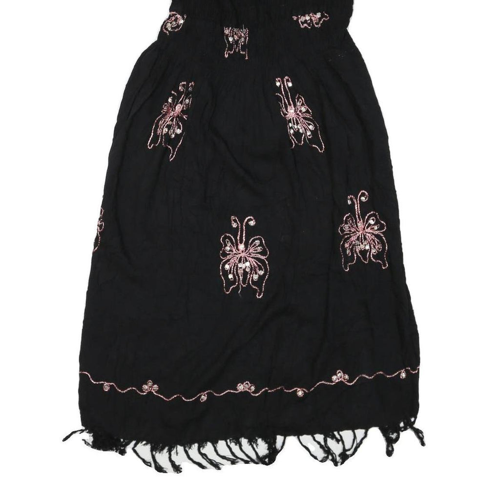 Womens Black Cotton Blend Strapless Midi Dress Butterfly Embroidered Tassel