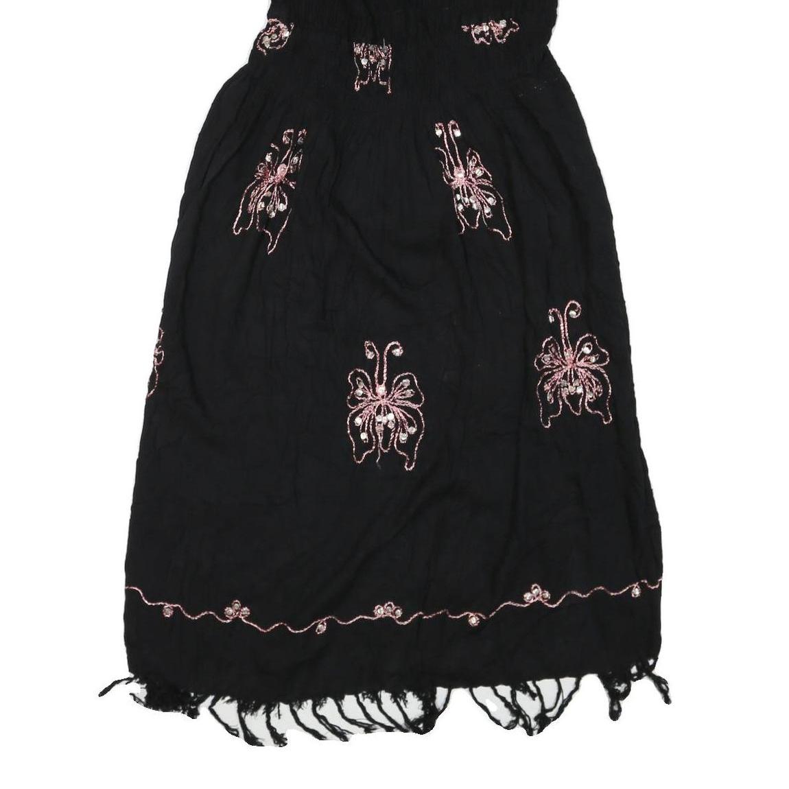 Womens Black Cotton Blend Strapless Midi Dress Butterfly Embroidered Tassel