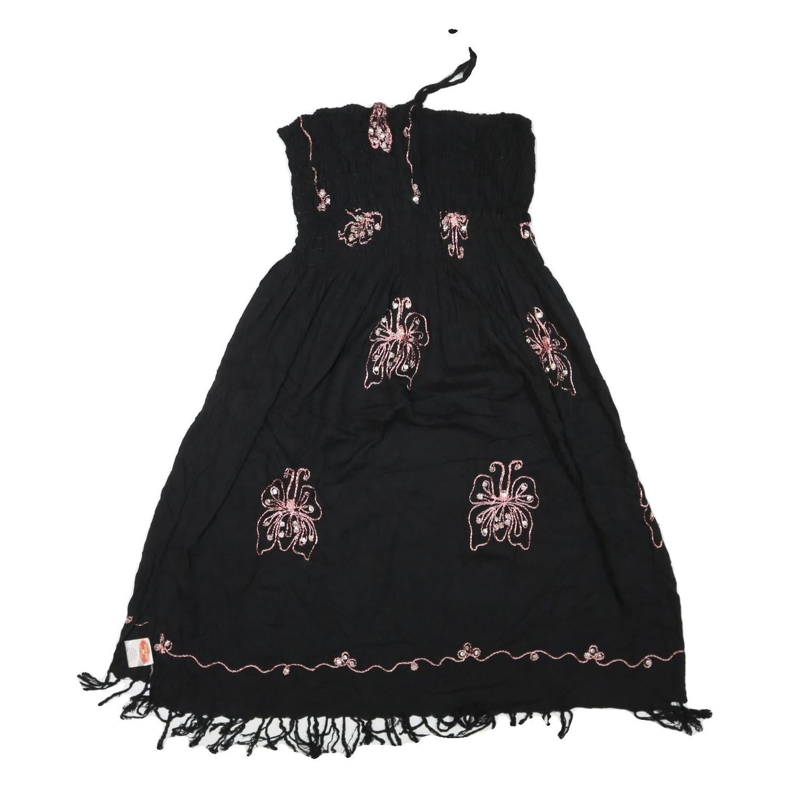 Womens Black Cotton Blend Strapless Midi Dress Butterfly Embroidered Tassel