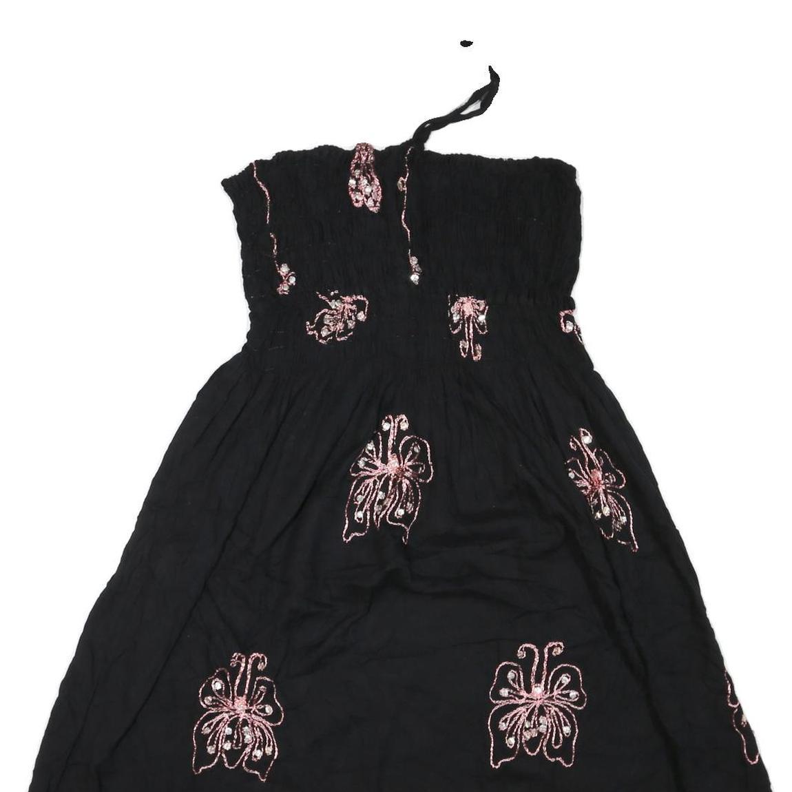 Womens Black Cotton Blend Strapless Midi Dress Butterfly Embroidered Tassel