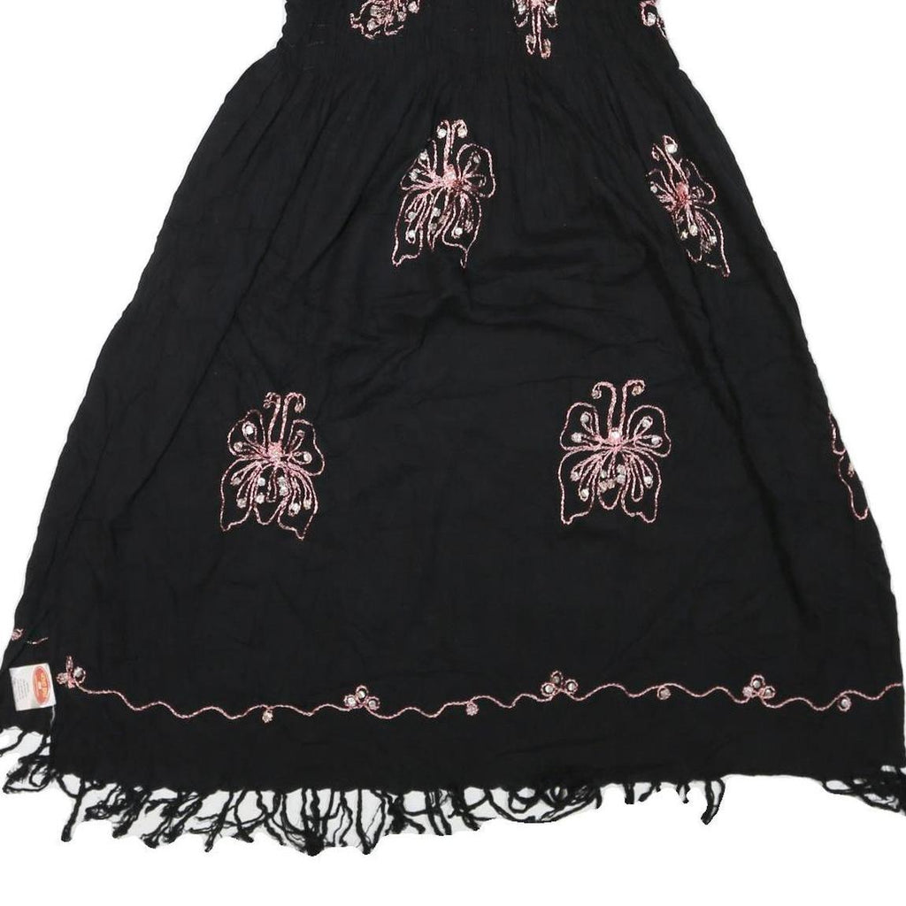 Womens Black Cotton Blend Strapless Midi Dress Butterfly Embroidered Tassel
