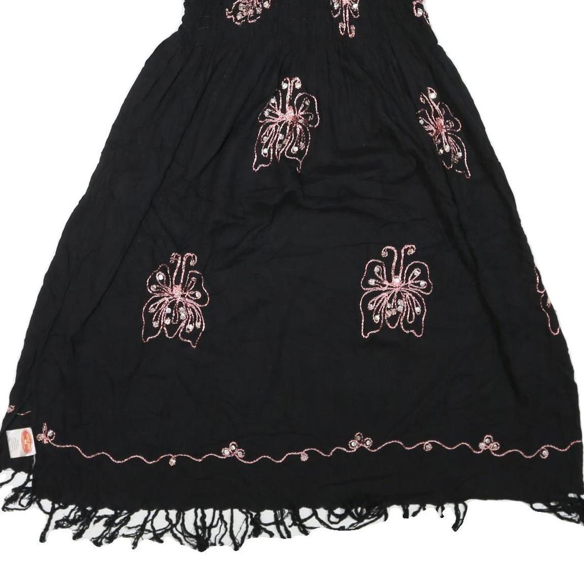 Womens Black Cotton Blend Strapless Midi Dress Butterfly Embroidered Tassel