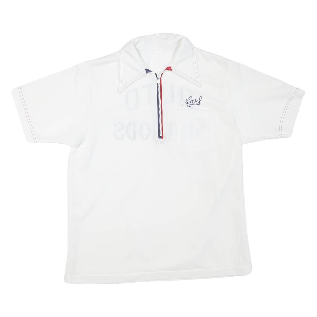 Mens White Basic Polyester Blend Polo Shirt Short Sleeve Zip Collar M Casual