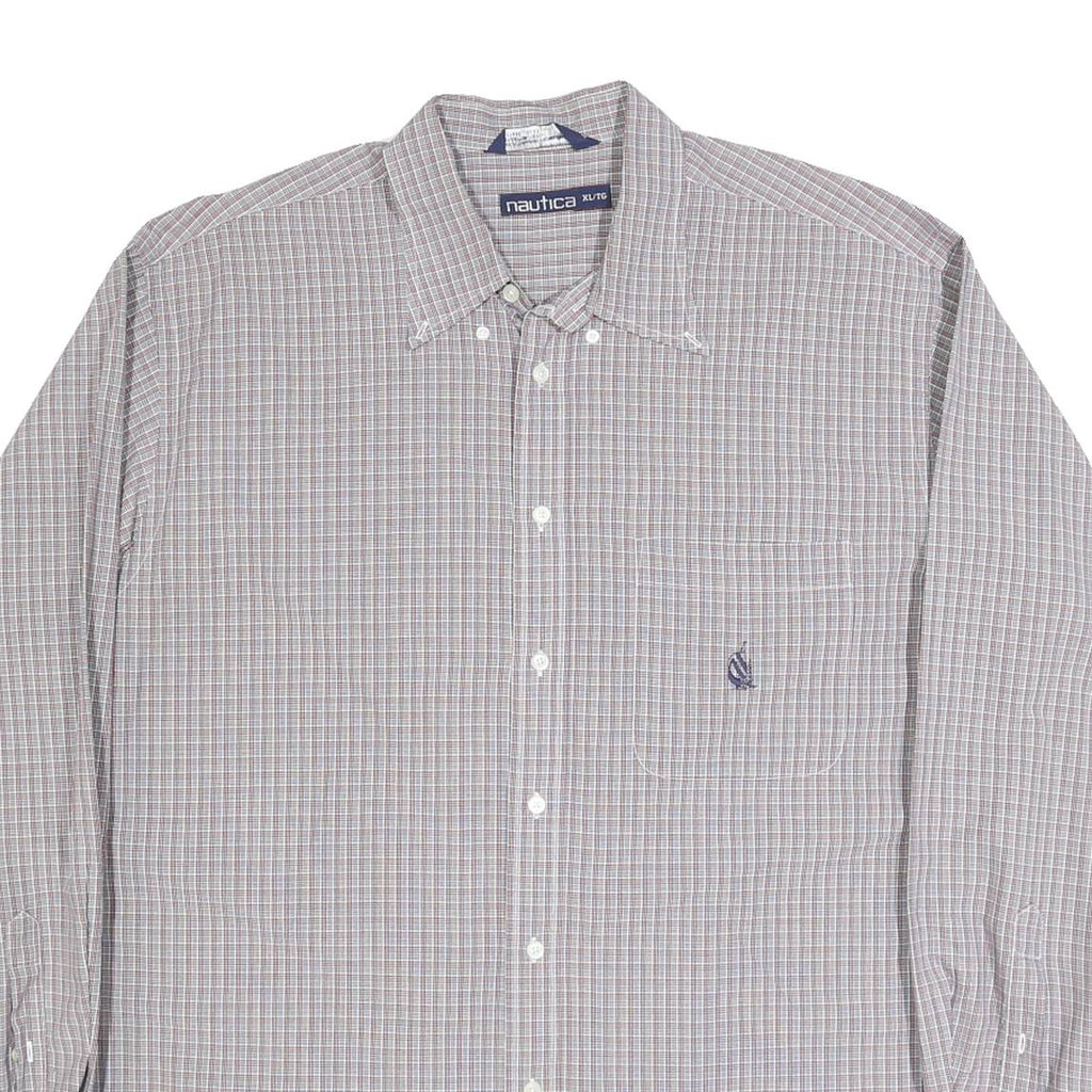 NAUTICA Mens Grey & Red Check Cotton Shirt XL Button-Down Collar Casual