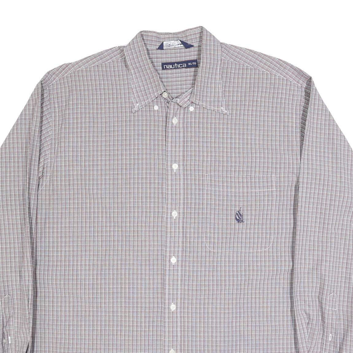 NAUTICA Mens Grey & Red Check Cotton Shirt XL Button-Down Collar Casual