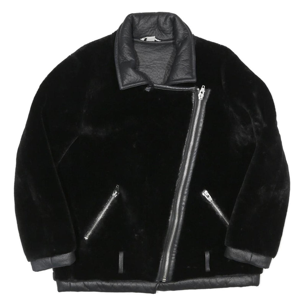 Womens Black Faux Fur Biker Jacket UK 10 Polyester Zip Plain Stylish Warm