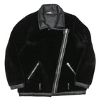 Womens Black Faux Fur Biker Jacket UK 10 Polyester Zip Plain Stylish Warm