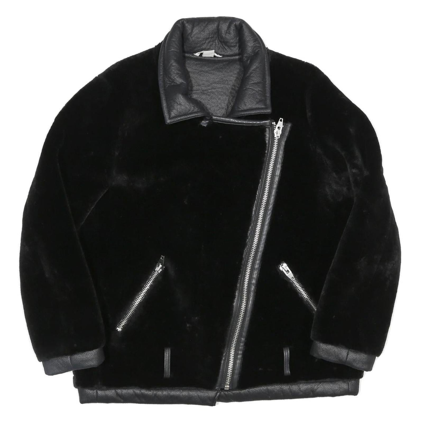 Womens Black Faux Fur Biker Jacket UK 10 Polyester Zip Plain Stylish Warm