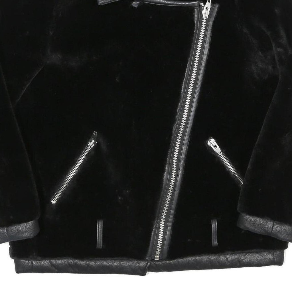 Womens Black Faux Fur Biker Jacket UK 10 Polyester Zip Plain Stylish Warm