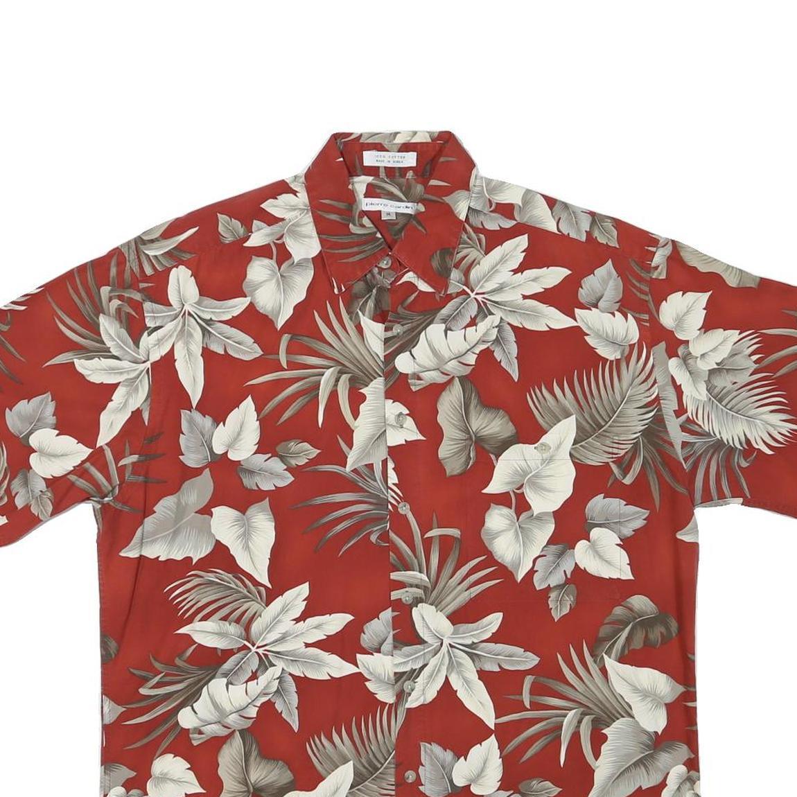 PIERRE CARDIN Mens Red White Leaf Floral Print Shirt M Cotton Blend Hawaiian