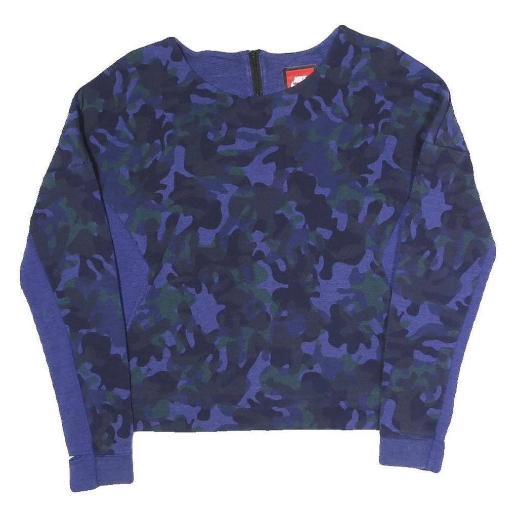 NIKE Womens Blue & Black Camouflage Crew Neck Sweatshirt S Cotton Blend