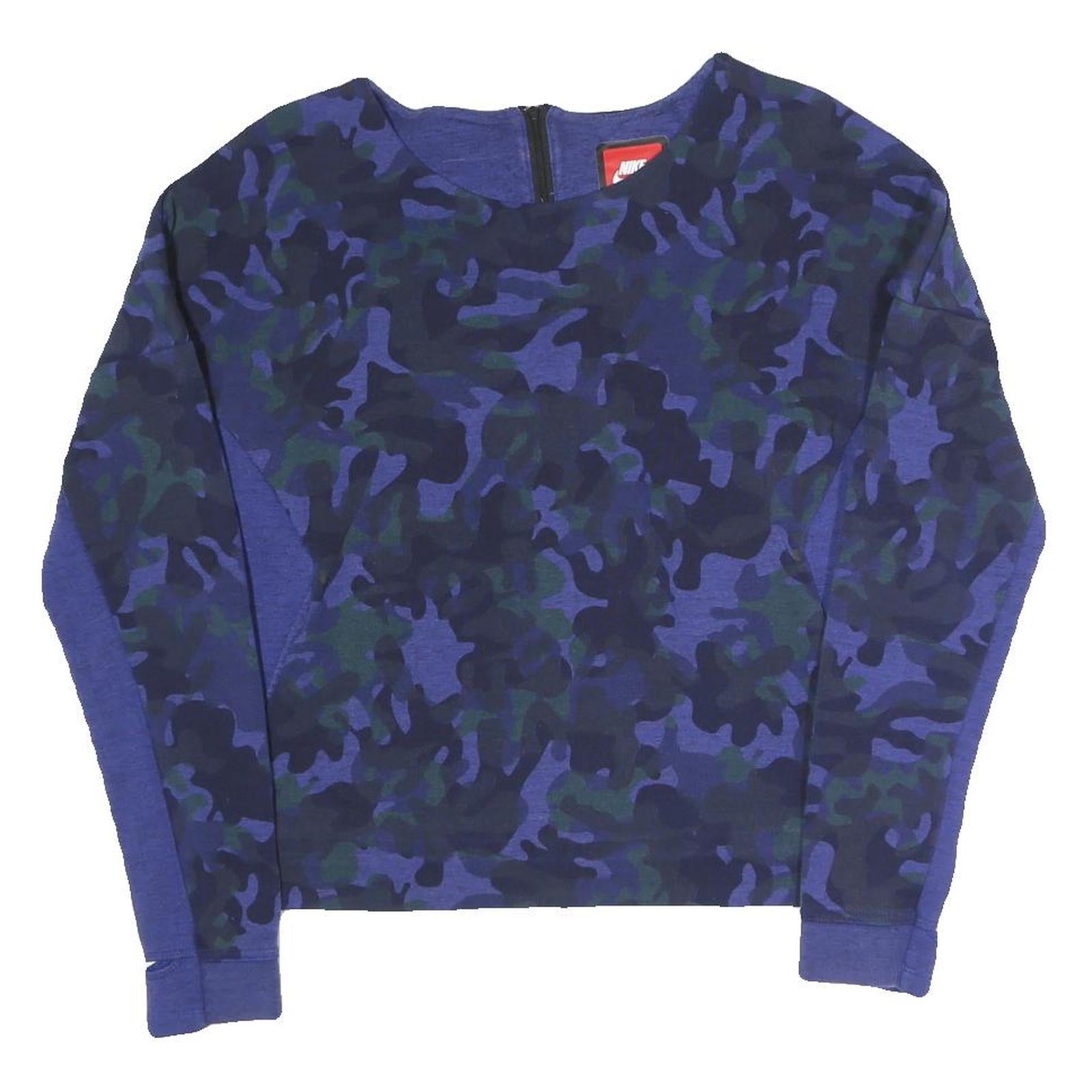 NIKE Womens Blue & Black Camouflage Crew Neck Sweatshirt S Cotton Blend