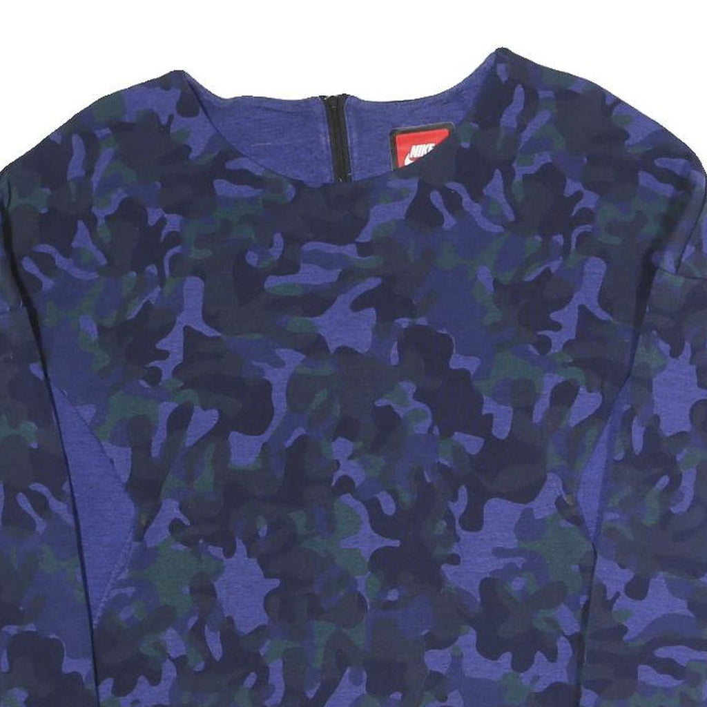 NIKE Womens Blue & Black Camouflage Crew Neck Sweatshirt S Cotton Blend