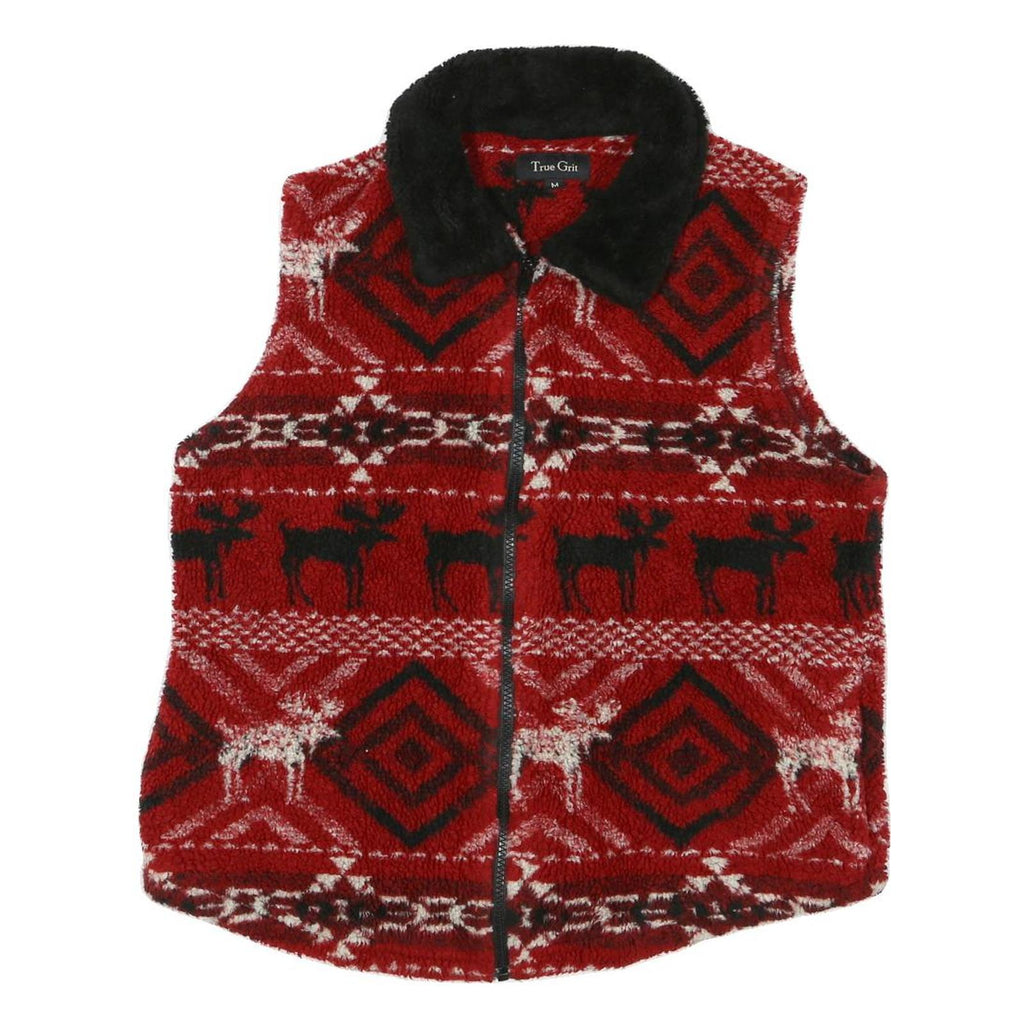 TRUE GRIT Womens Red Black & White Fleece Zip Jacket M Geometric Reindeer