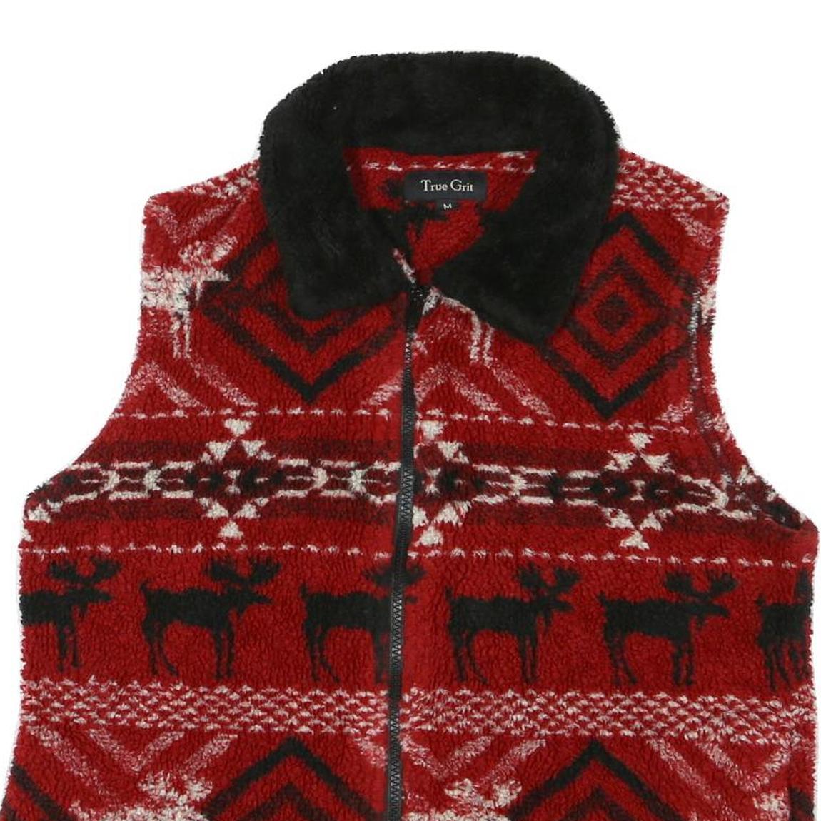 TRUE GRIT Womens Red Black & White Fleece Zip Jacket M Geometric Reindeer
