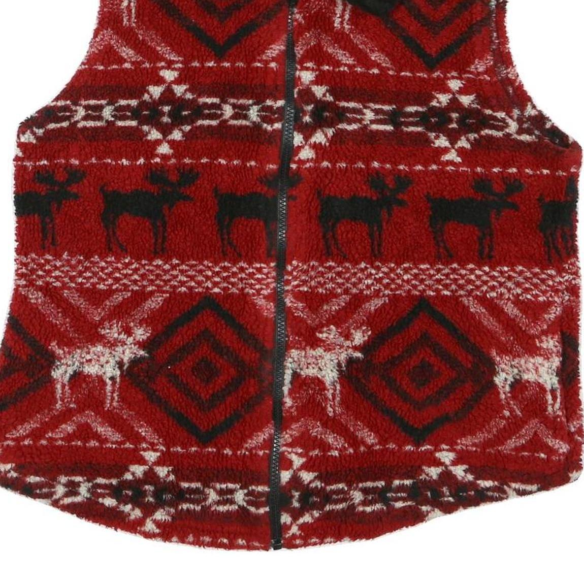 TRUE GRIT Womens Red Black & White Fleece Zip Jacket M Geometric Reindeer