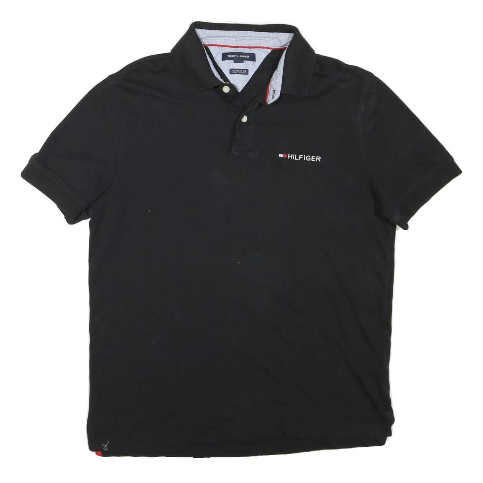 TOMMY HILFIGER Mens Black Short Sleeve Plain Polo Shirt M Classic Fit Logo