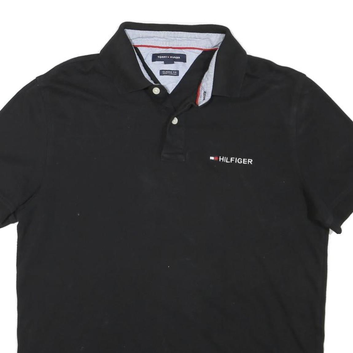 TOMMY HILFIGER Mens Black Short Sleeve Plain Polo Shirt M Classic Fit Logo