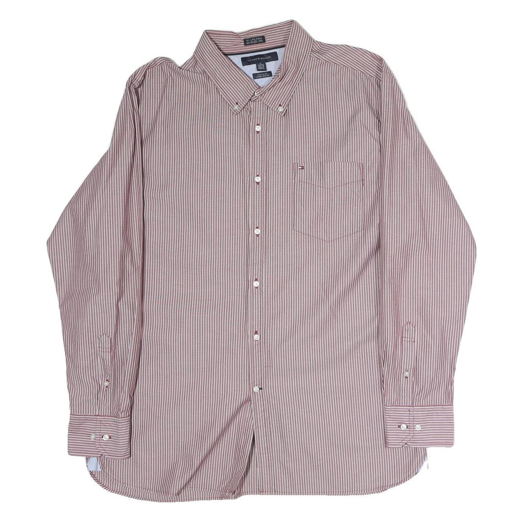 TOMMY HILFIGER Mens Red & White Stripe Button-Down Shirt XL Classic Cotton