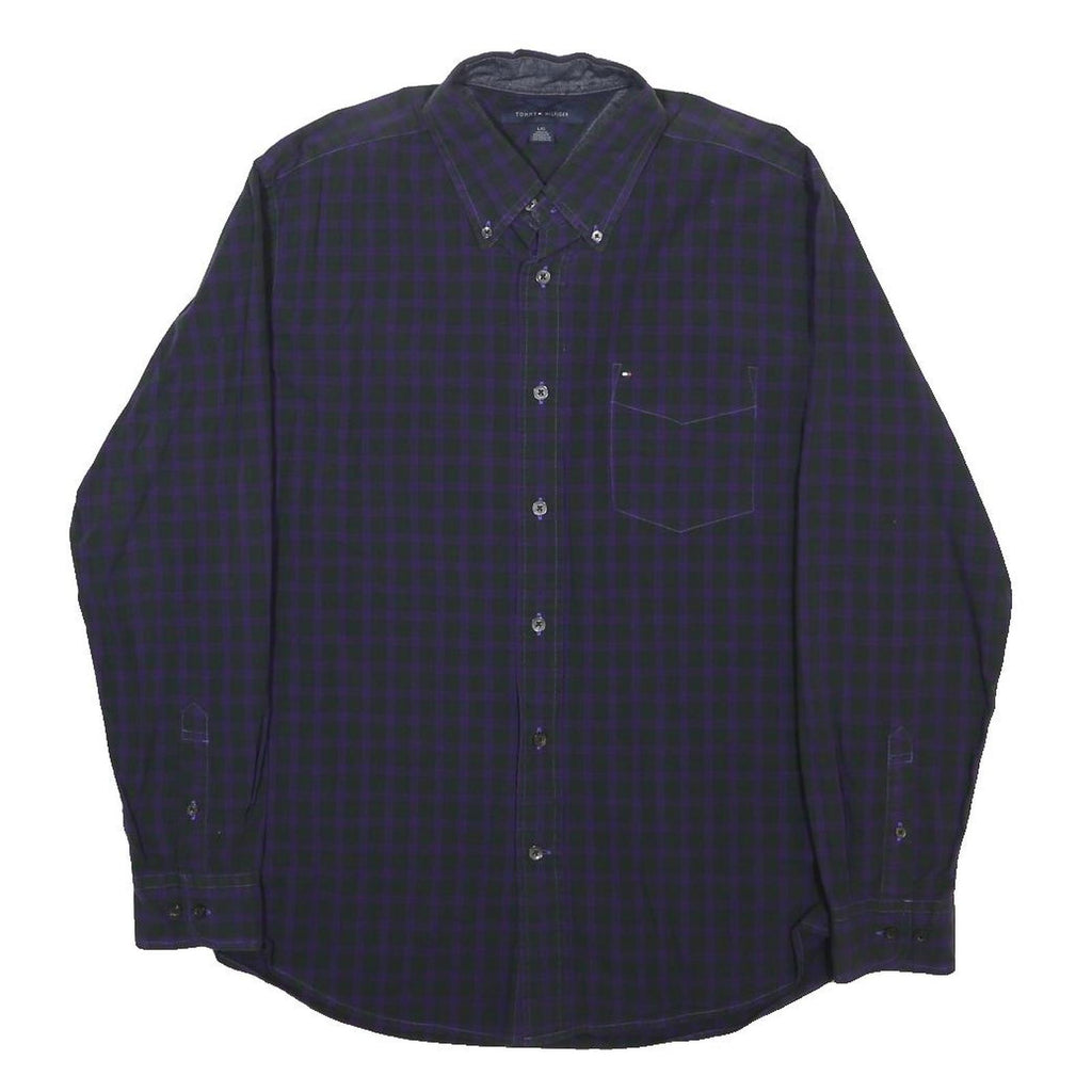 TOMMY HILFIGER Mens Blue & Purple Check Shirt L Button-Down Collar Long Sleeve