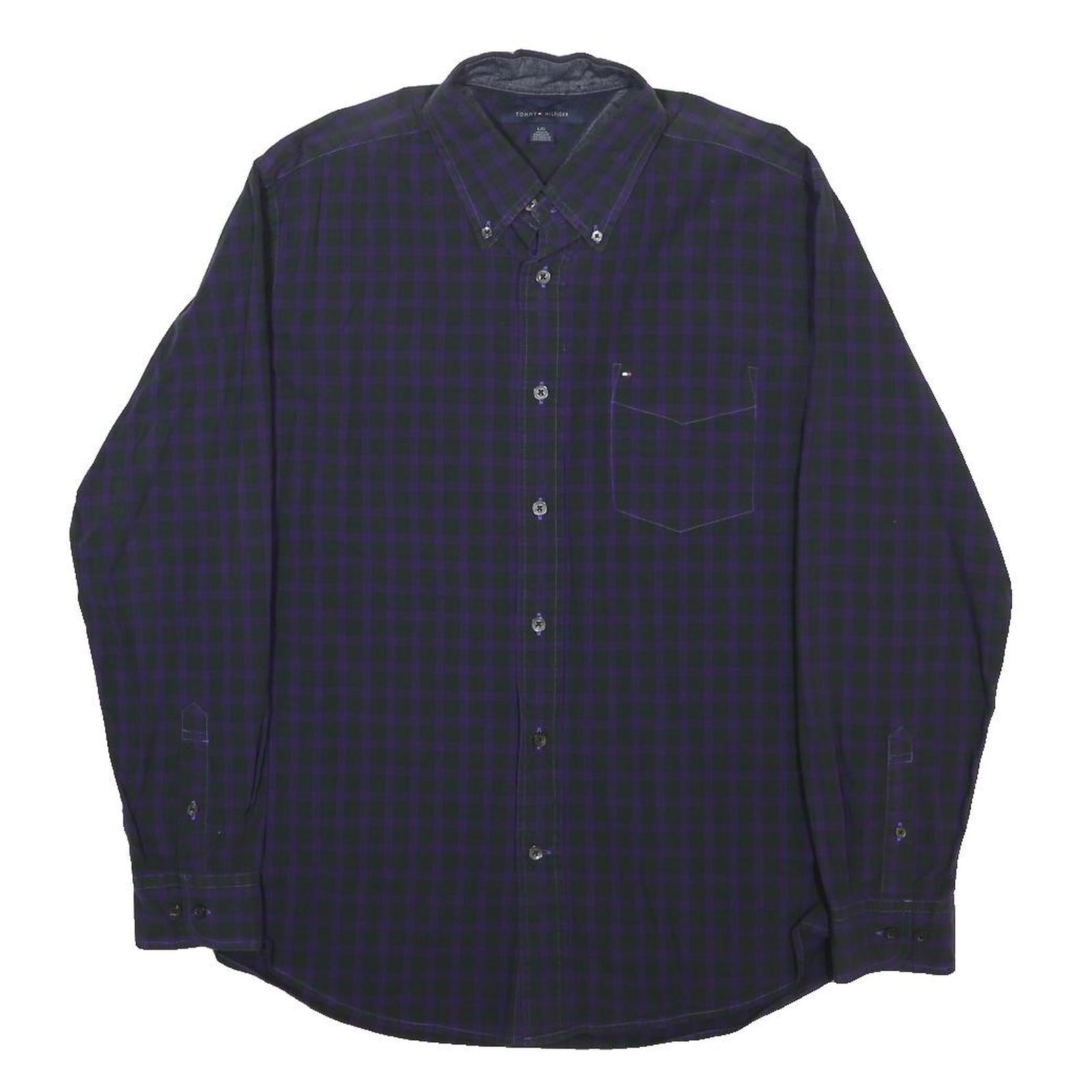 TOMMY HILFIGER Mens Blue & Purple Check Shirt L Button-Down Collar Long Sleeve