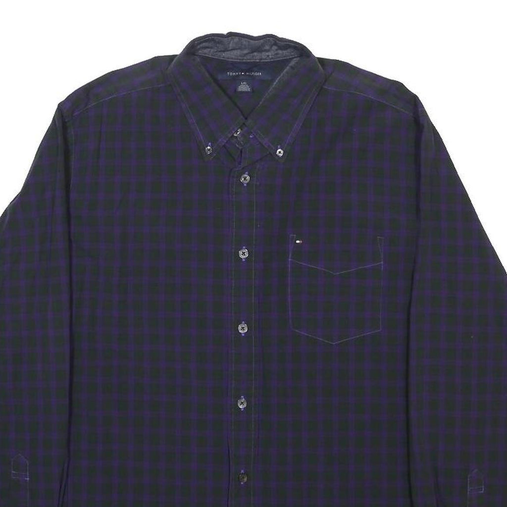 TOMMY HILFIGER Mens Blue & Purple Check Shirt L Button-Down Collar Long Sleeve