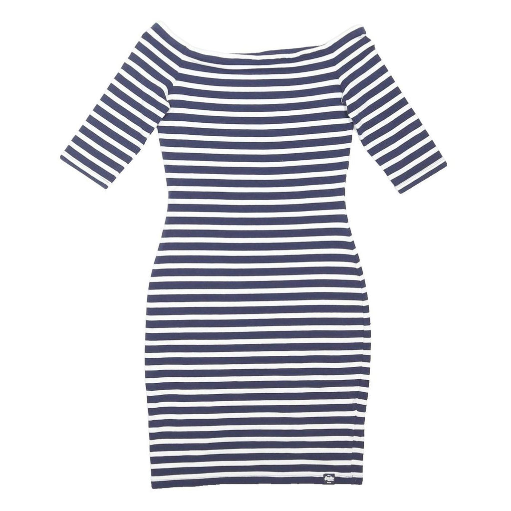 SUPERDRY Womens Navy Blue & White Stripe Bodycon Cotton Blend Dress Midi M