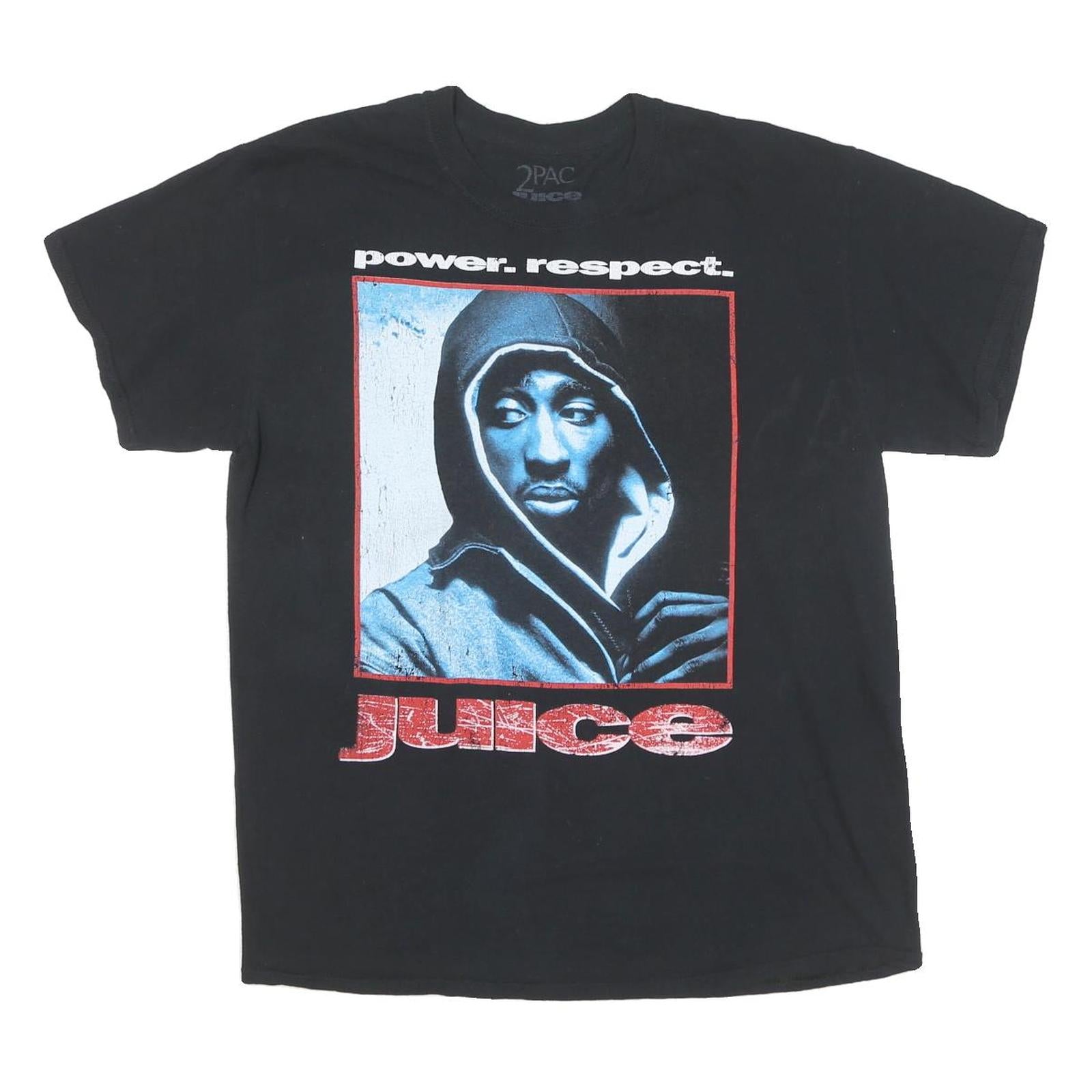 2PAC Mens Black Graphic T-Shirt L Short Sleeve Crew Neck Power Respect Juice